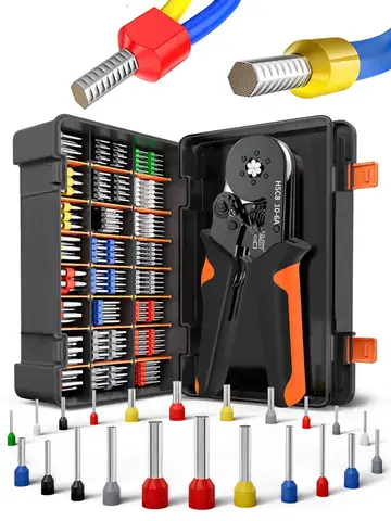 Hexagonal Self-Adjustable Ratchet Ferrule Crimping Tool Kit 23-7AWG 0.25-10mm² Crimper Kit with Ferrule Sleeves Wire Terminals