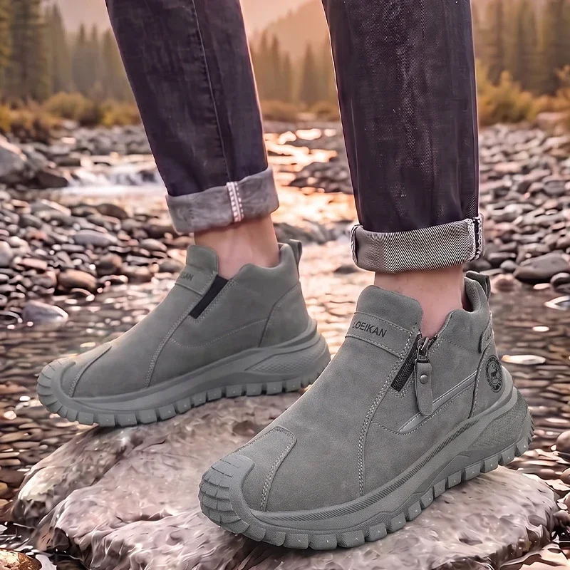 Herren-Stiefeletten mit seitlichem Reißverschluss, Retro-High-Top-Schuhe, verschleißfeste, dicke Sohle, lässige Wanderstiefel – Detail 5