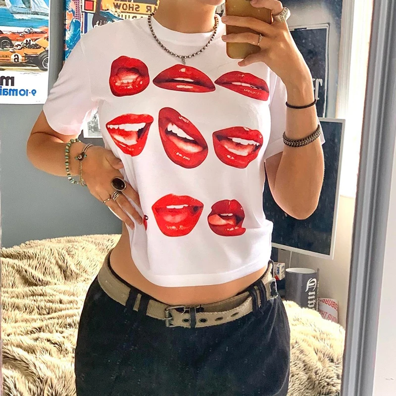 Y2k Baby Tee Summer Women's Crop Top Red lip Print O-neck Short Sleeve t-shirt Slim White harajuku Girls Streetwear vintage club