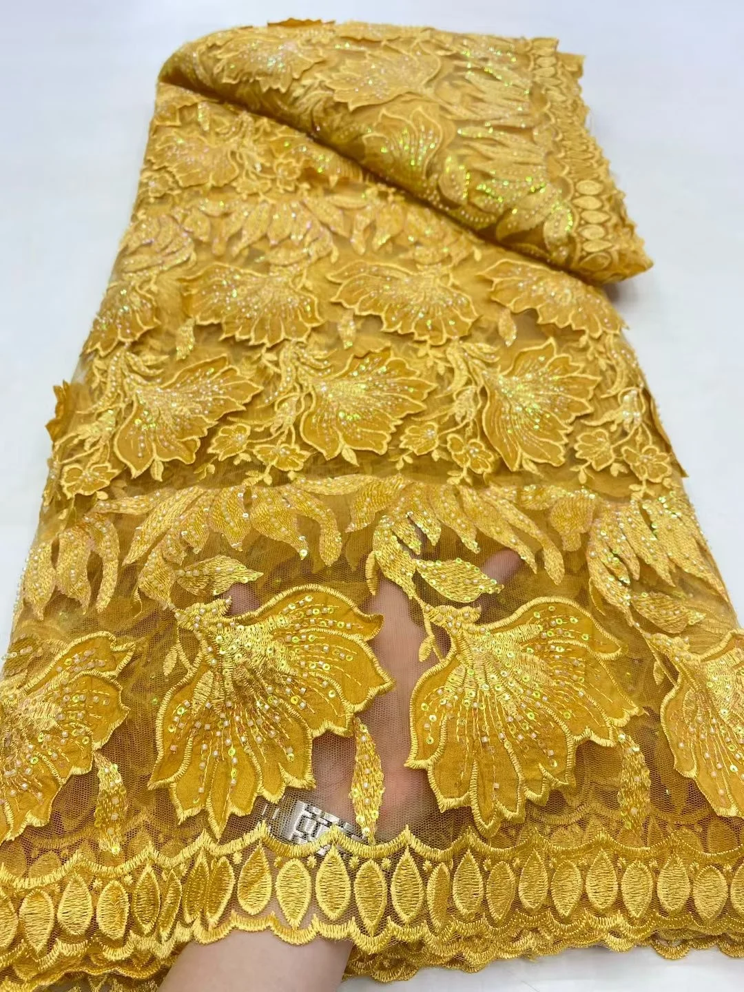 

2025 Africa Nigerian High Quality Sequins for Wedding Dress Chiffon Party Guipure Tulle Lace Fabric 5Yard Sewing cotton DP0455