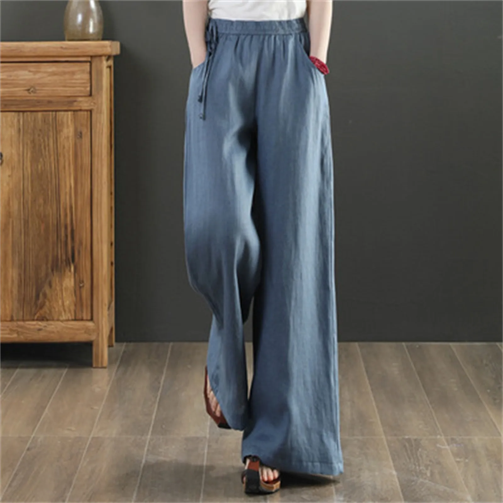 

Wide Leg Pants Women's Cotton And Linen High Waist Drawstring Waist Casual Trousers With Pockets Solid Color Slacks Sweatpants