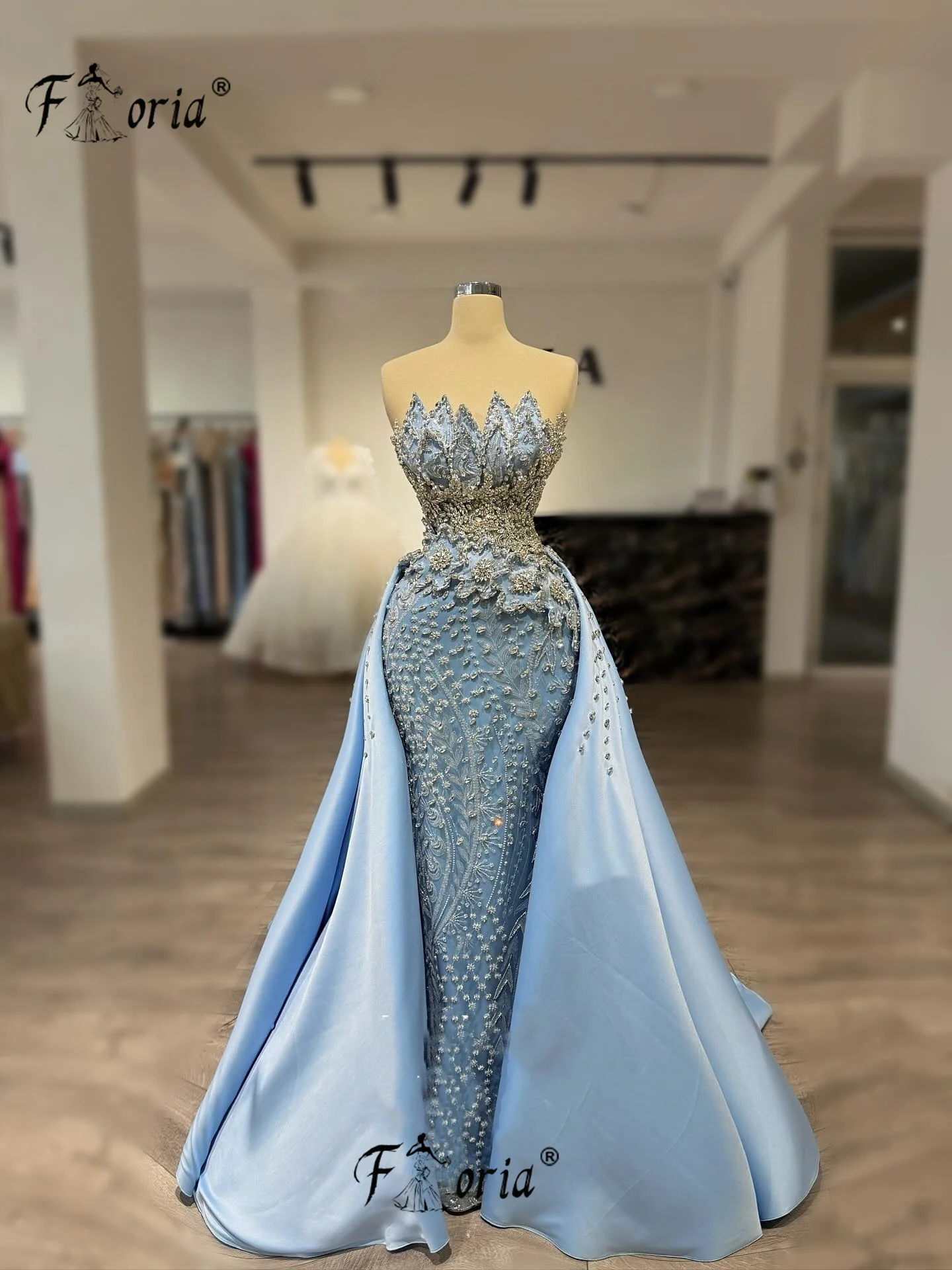

Elegant Beads Mermaid Evening Dress with Detachable Overskirt Blue Crystal Appliques Dubai Prom Dress Robe De Soiree Customized