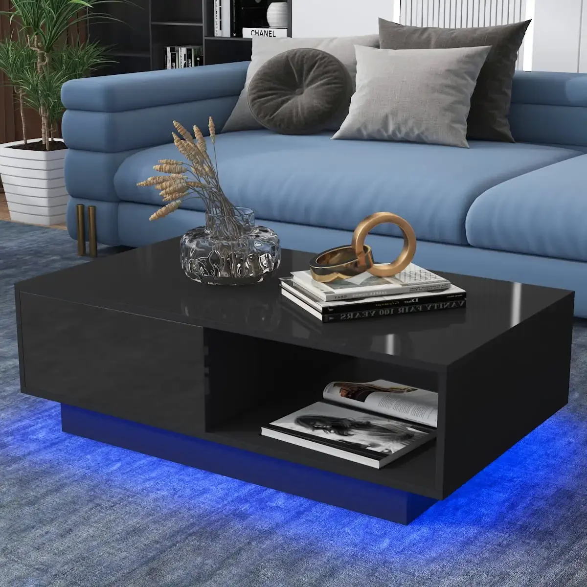 LED Coffee Table Modern Side Tables High Gloss Black Cocktail Table with 2 Drawers Open Shelf for Living Room