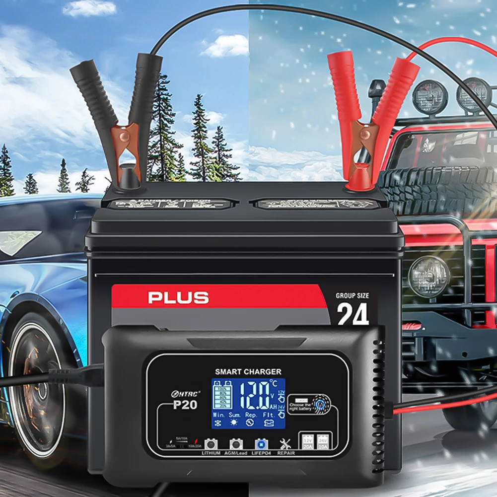 Chargeur automatique de batterie de moto, écran LCD, AGM GEL, plomb-acide, voiture, 12V, 20A, 24V, 10A, 7 étapes
