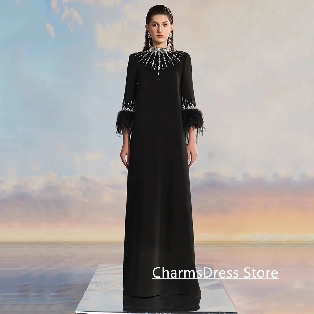 Black Evening Dress Customized High Neck Crystal Stones Feathers Long Sleeves A Line Arabian Party Gown Saud Prom Dresses