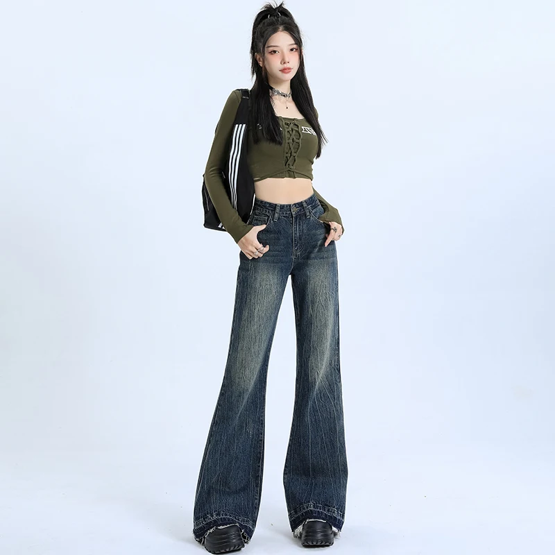

2026Spring fashion American retro raw edge micro-flare non-stretch high-waisted denim jeans for women