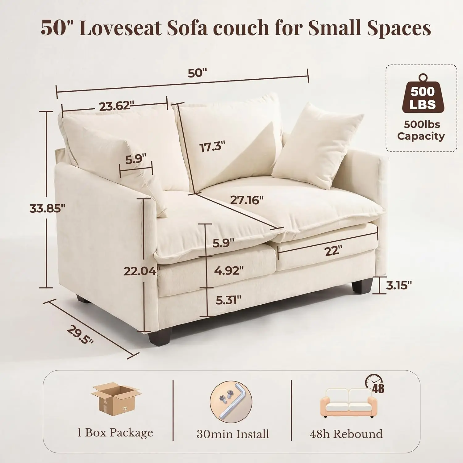 Cloud Loveseat Sofa 3-Layer Cushion Small Space Apartment Living Room Furniture, Customized