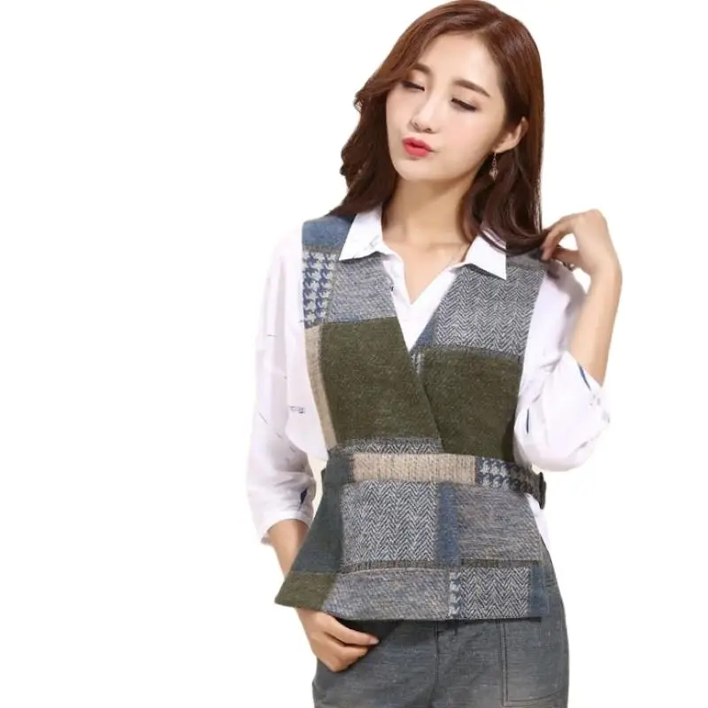 Women's Plaid 30% Woolen Outerwear Female Wool Overcoat Hedging Vests Lady Winter Vest Spring Hot Sale