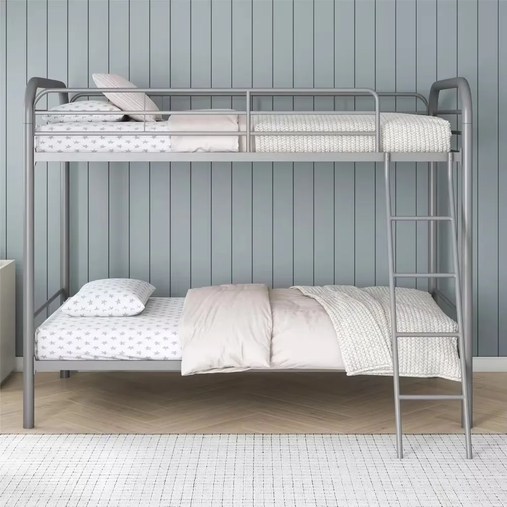 Dusty Metal Bunk Bed Frame for Kids, Teens, and Adults, with Angled Ladder, High Full Length Guardrail, Smooth Rounded Edges