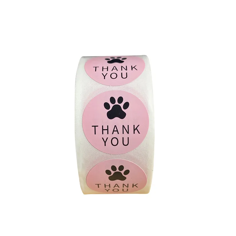 500pcs /Roll Cute Pink Kraft Paper Thank You Stickers Seal Labes Dog Paw Print 1Inch Bakery Gift Packaging Stationery Sticker