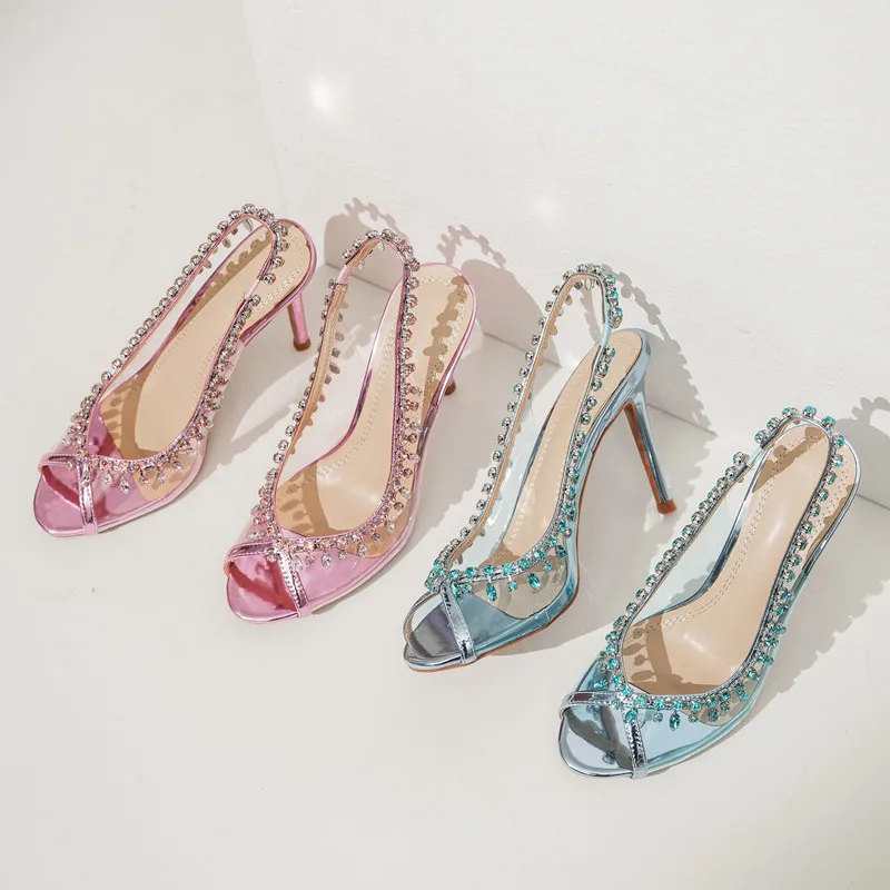 Luxury Crystal Pendant Slingbacks Women Pumps Sexy Peep Toe Transparent PVC Thin High heels Spring Autumn Party Wedding Shoes