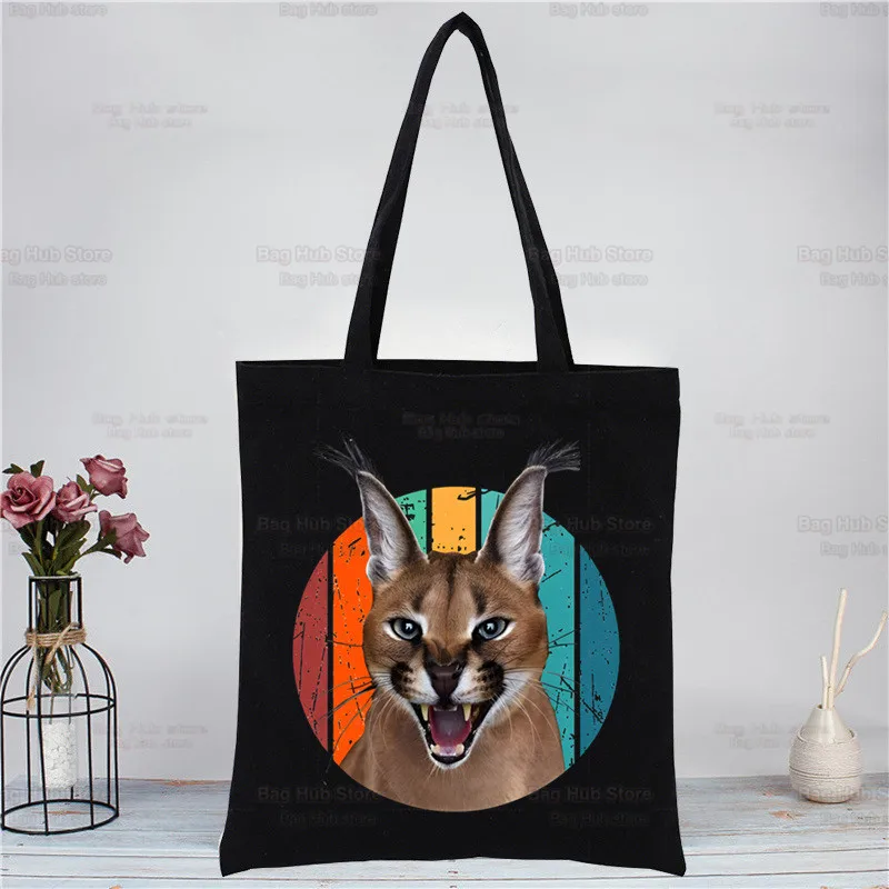 Big Floppa Cute Funny Cat Black Canvas Bag Women Girls Large Storage Handbag Shoulder Bag Tote Reusable Student Bookbag