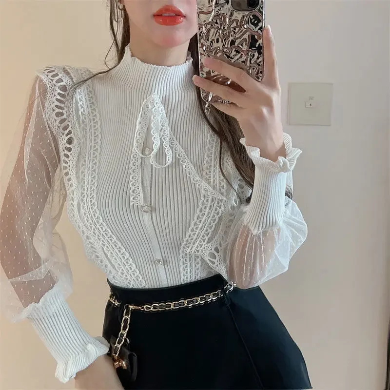 Spring Summer French Style Semi-high Collar Slim Knitted Stitching Long-sleeved Shirt Solid Color Fashion Elegant Blouse U260