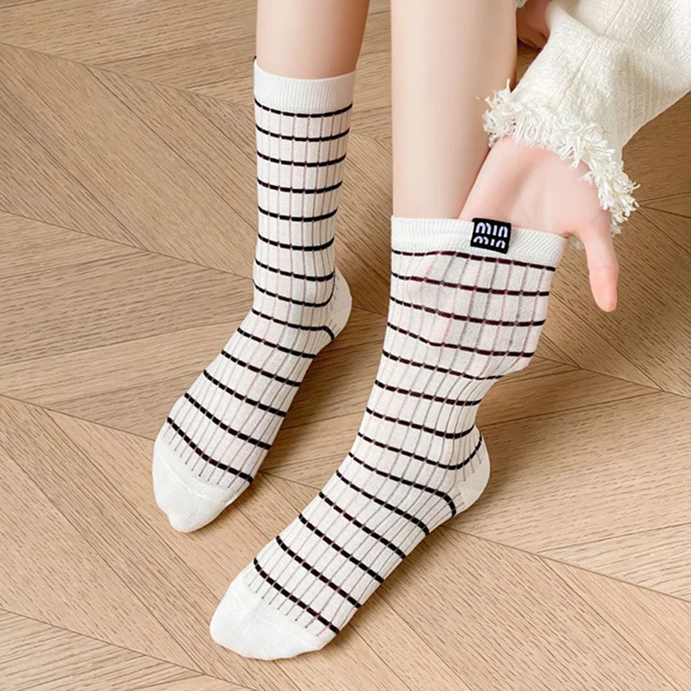 4 Pair Thinsocks For Women Striped Printed Japanese Korean Style Fashion Thin Loose Middle Tube Summer Socks Luxury Solid Color