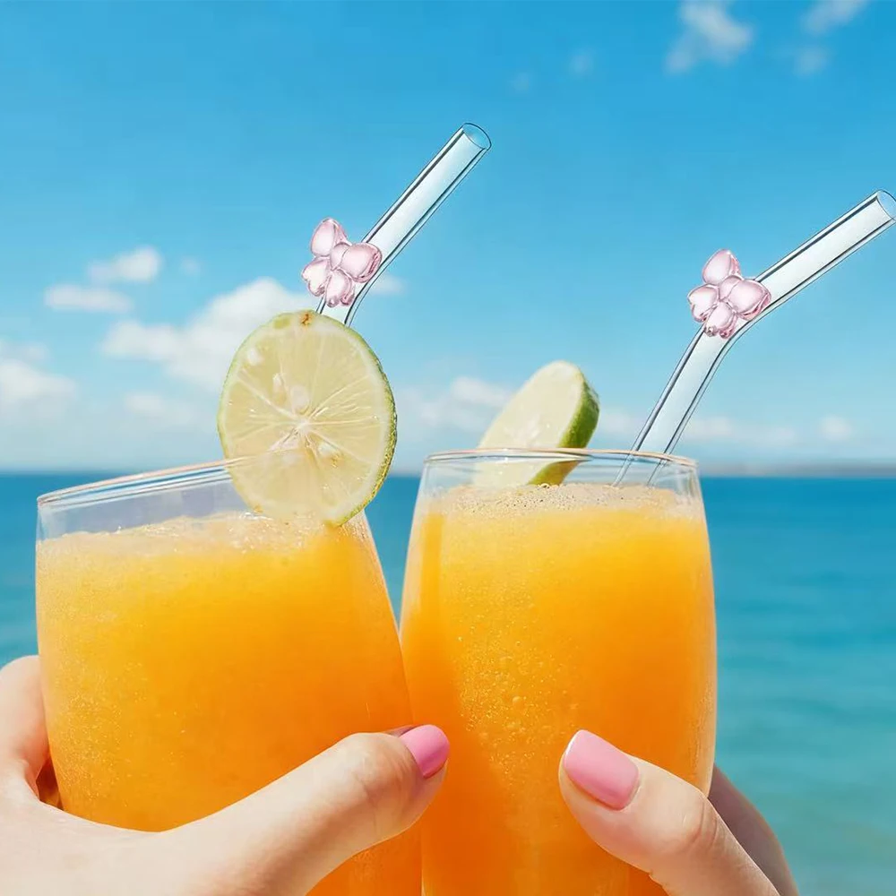 مجموعة قش زجاجية شفافة مكونة من 6 قطع، مقاومة للكسر مع لمسات فيونكة وردية ساحرة، قابلة لإعادة الاستخدام للعصائر والحليب والشاي والي