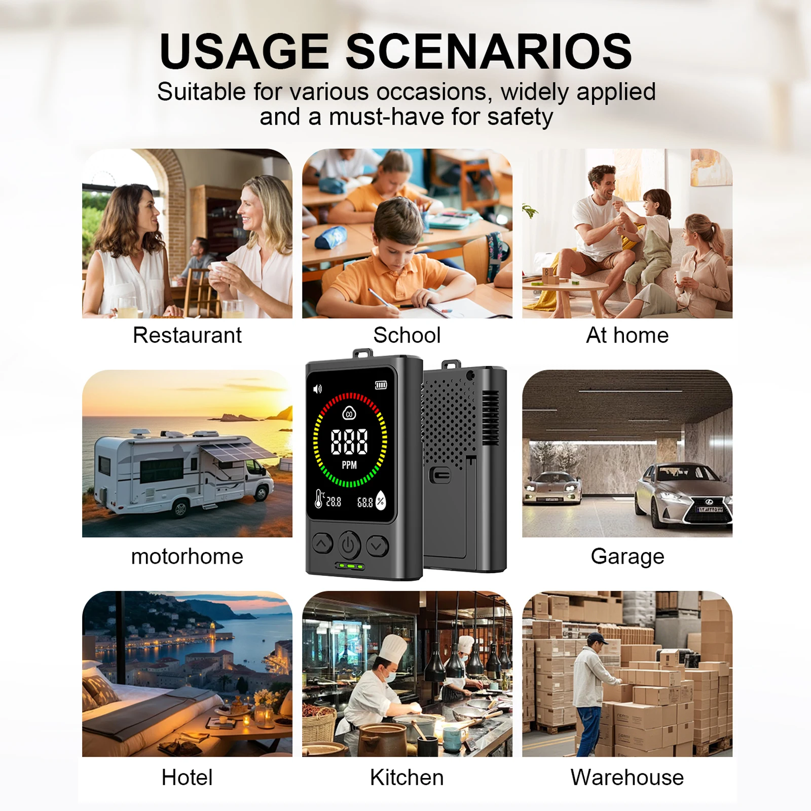 

3-in-1 Carbon Monoxide Detector Rechargeable Temp Humidity Monitor with LCD Display for Home Travel Hotel Indoor