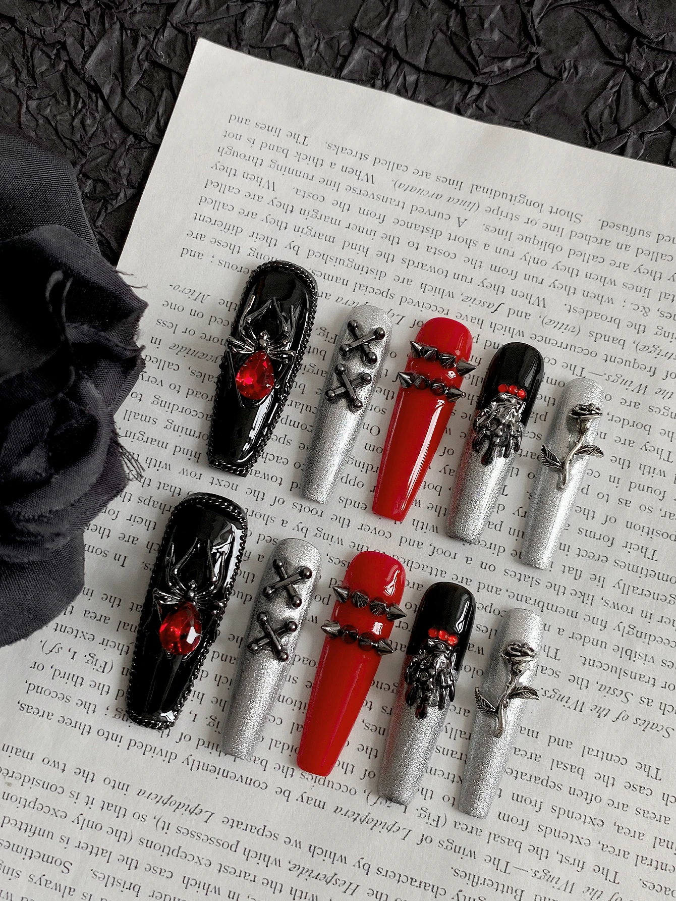 Handmade Gothic Press On Nails, Long Coffin Fake Nails with Spider, Red Rhinestone, Rivet & Metal Rose Charms