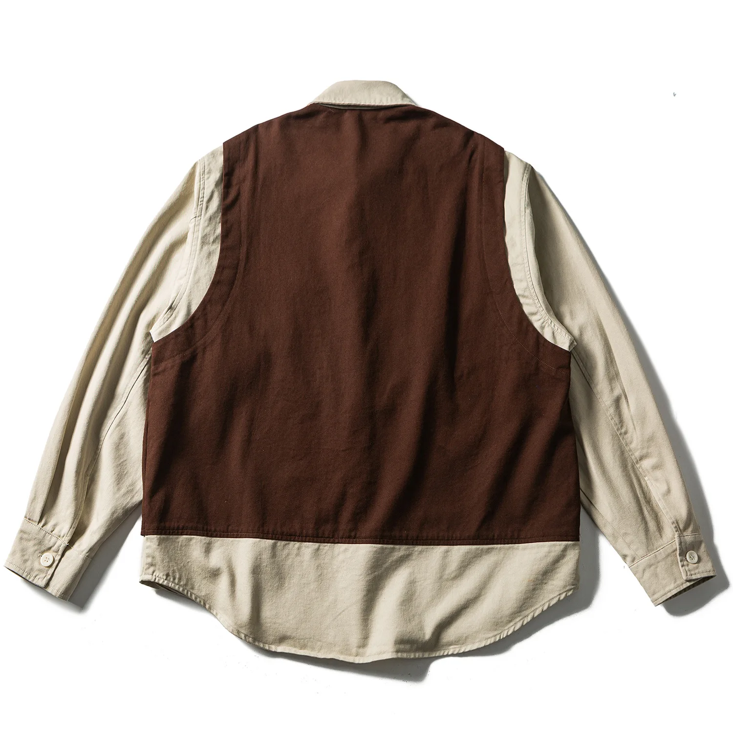 Japanese Retro Amekaji Fake Two-Layer Vest & Workwear Shirt Patchwork Unisex Loose Fit 100% Cotton Long Sleeve Shirt Streetwear