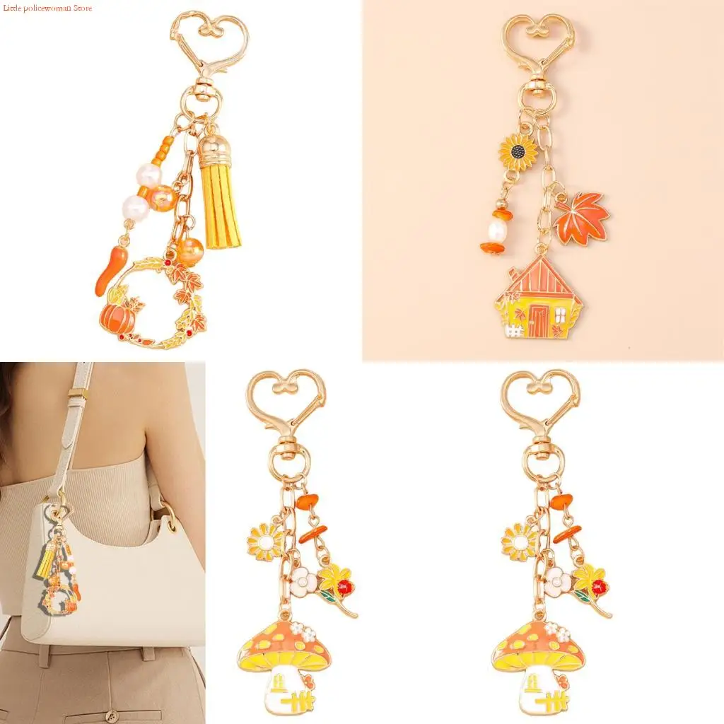 F92D Novelty House Keychain Combining Pumpkin Mushroom Charm And Vibrant Bead