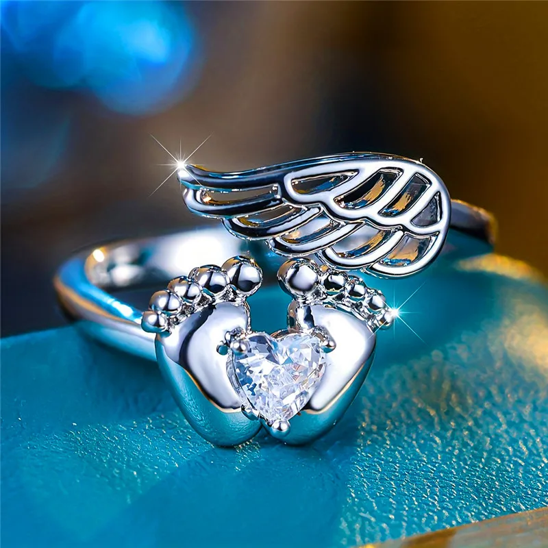 Cute Female Small White Adjustable Open Ring Angel Heart Wing Engagement Wedding Jewelry For Women