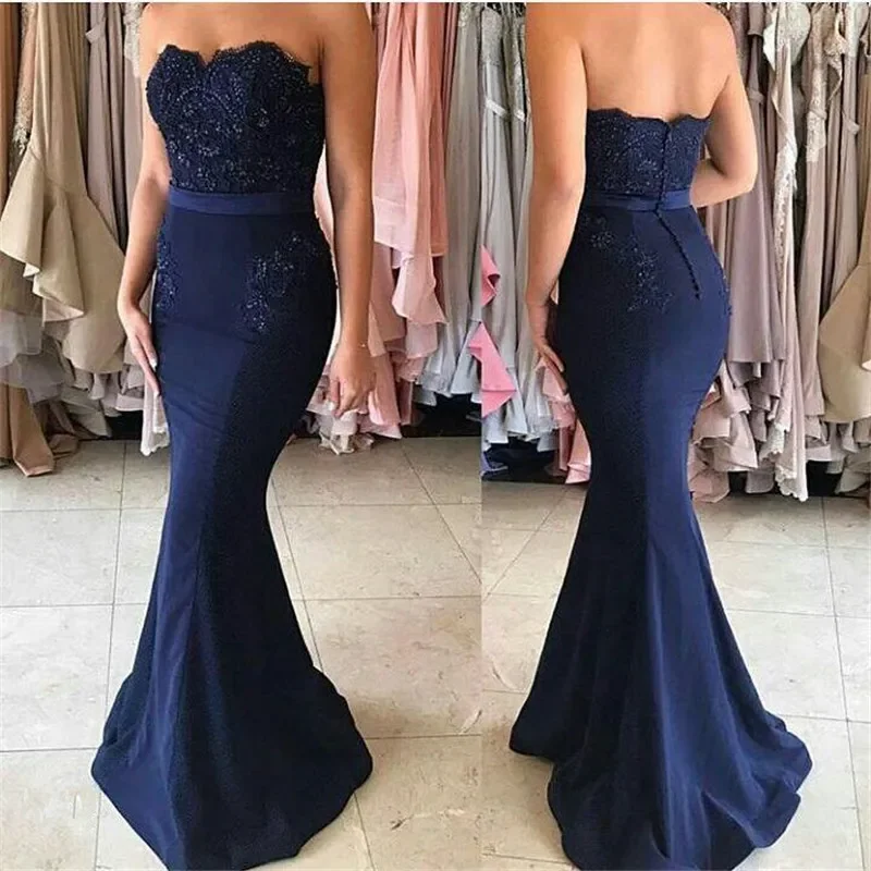 

Customized Navy Blue Mermaid Long Prom Dress Sweetheart South Africa Lace Appliques Evening Party Gown Plus Size