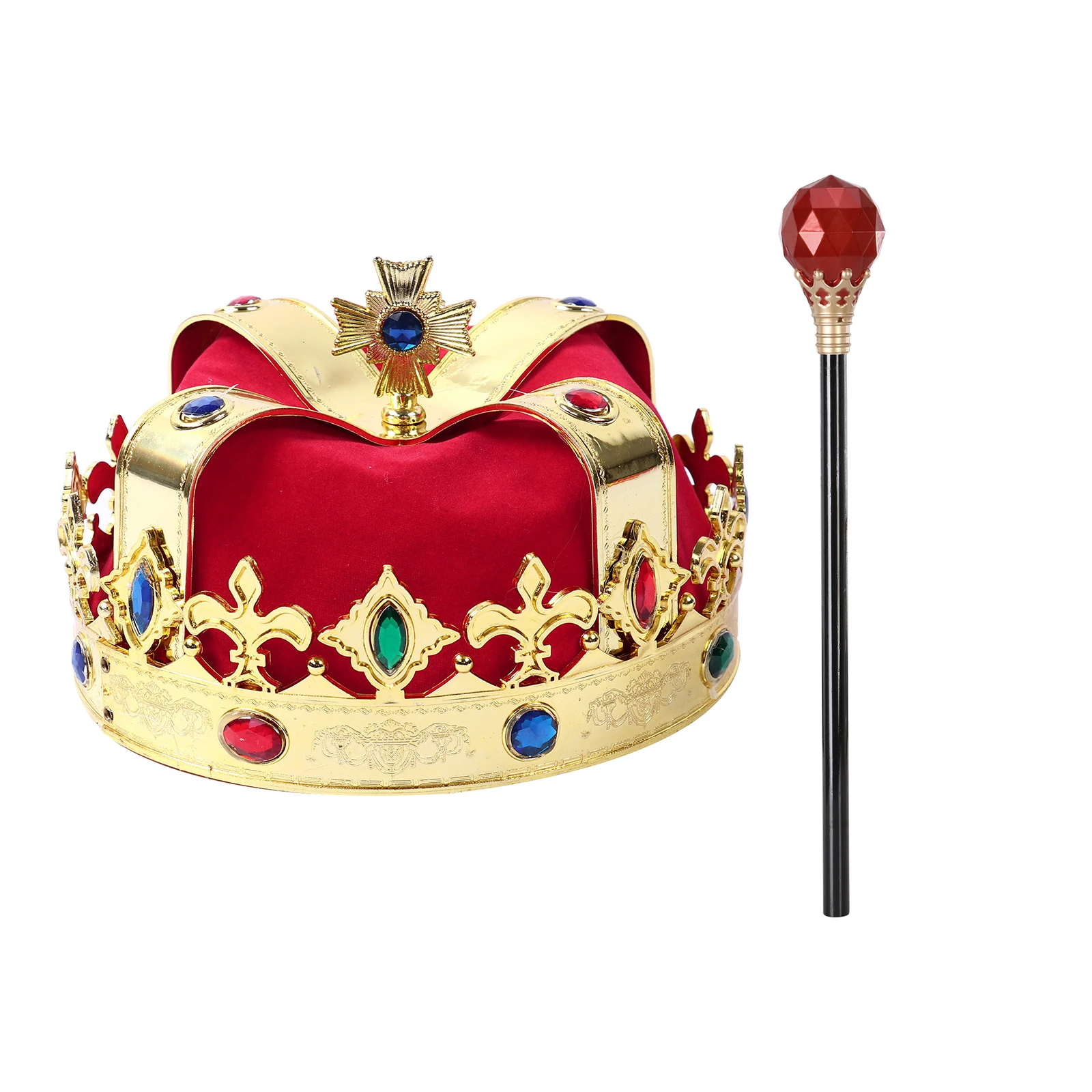 Halloween King Cosplay Crown Hat with Detachable Wand Dress-up Imitation Diamond Plastic Emperor Theatrical Performance Props