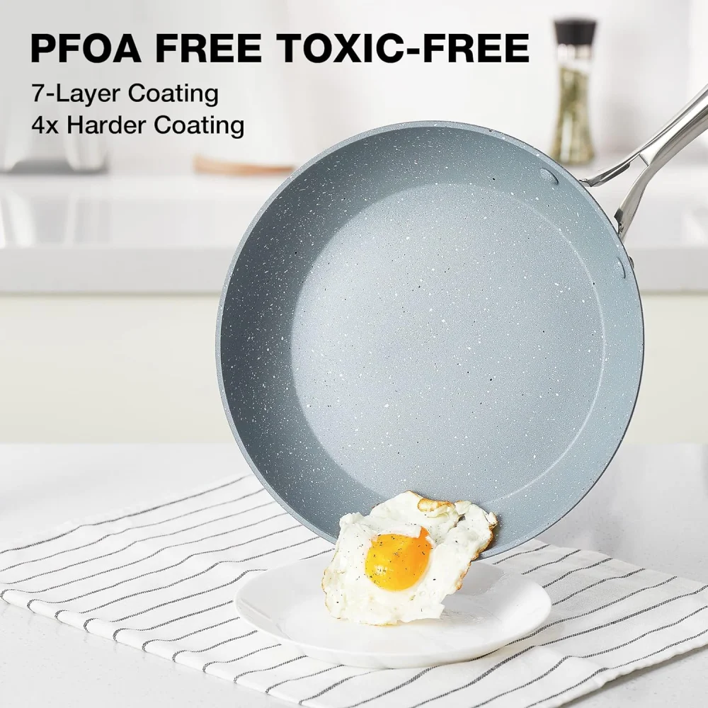 

Hlafrg 8 Inch Alumini Non-stick Pancake Frying Pan with Glass Lid,Three-layer Marble Coating with Heat-Resistant Handle