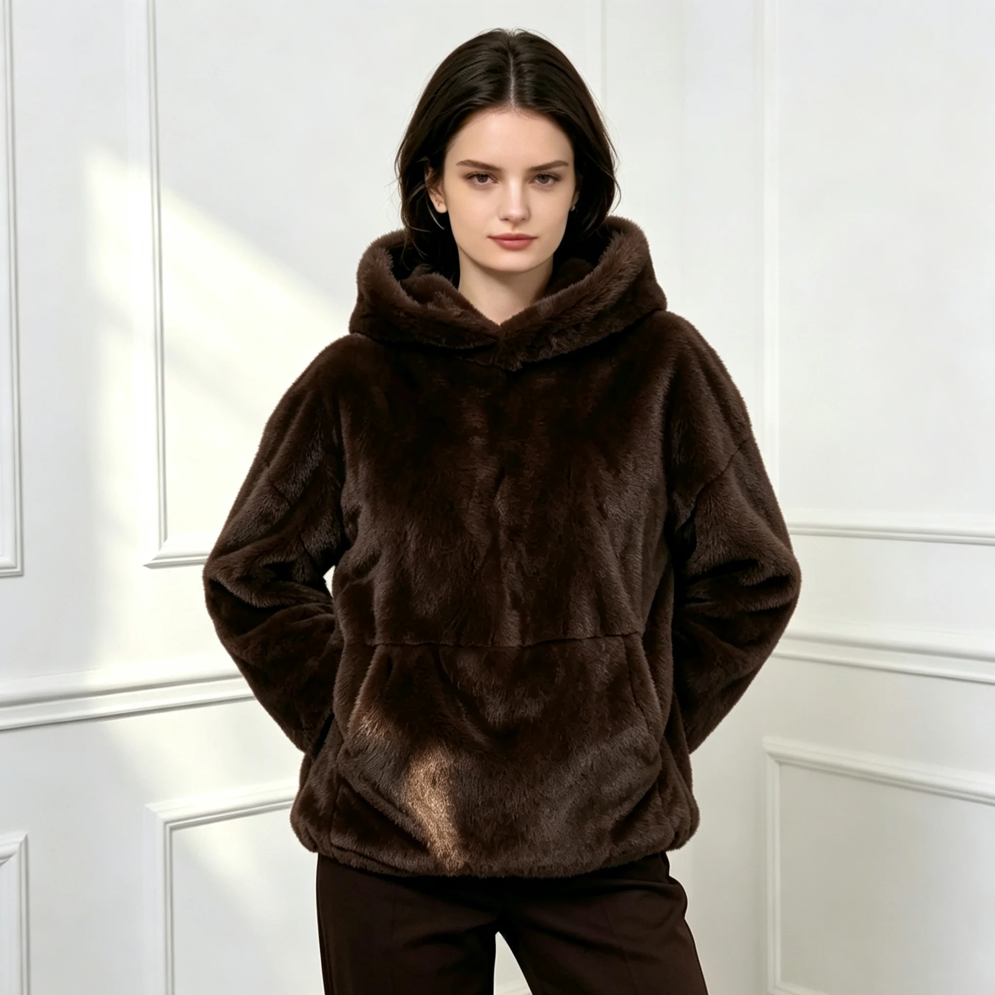 RU Women Faux Fur Hooded Jacket Loose With Front Pocket Plush Warm Outerwear For Autumn Winter Daily Casual Outfit