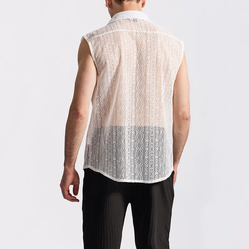 Men's Lace Sleeveless Shirt Single Breasted, Disco Club Shirt for Men, Retro Vintage Party Top, Elegant See-Through Blouse Male