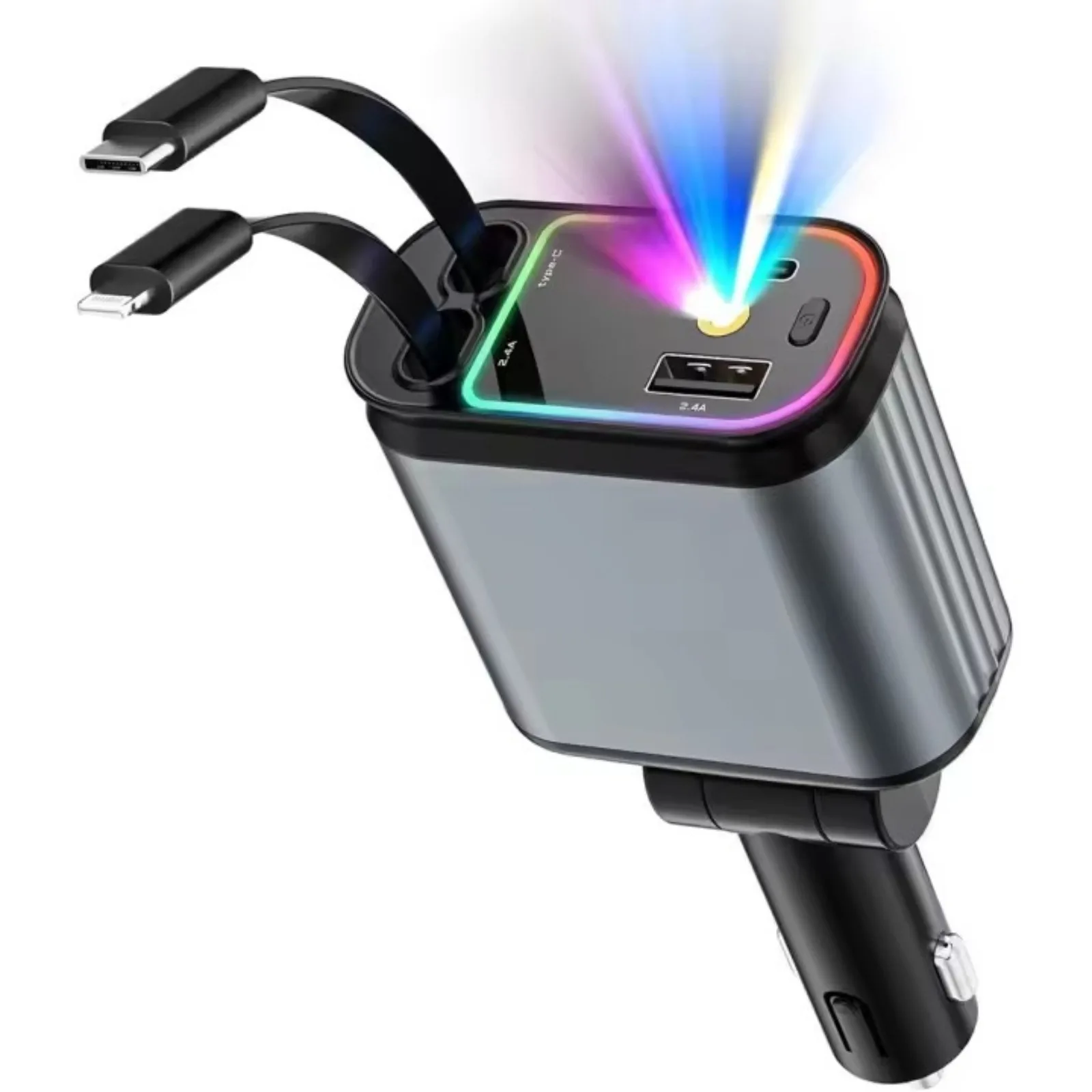 Universelles Schnellladen, 4-in-1, einziehbares USB-Typ-C-Autoladegerät mit zwei Anschlüssen, Kompatibilität