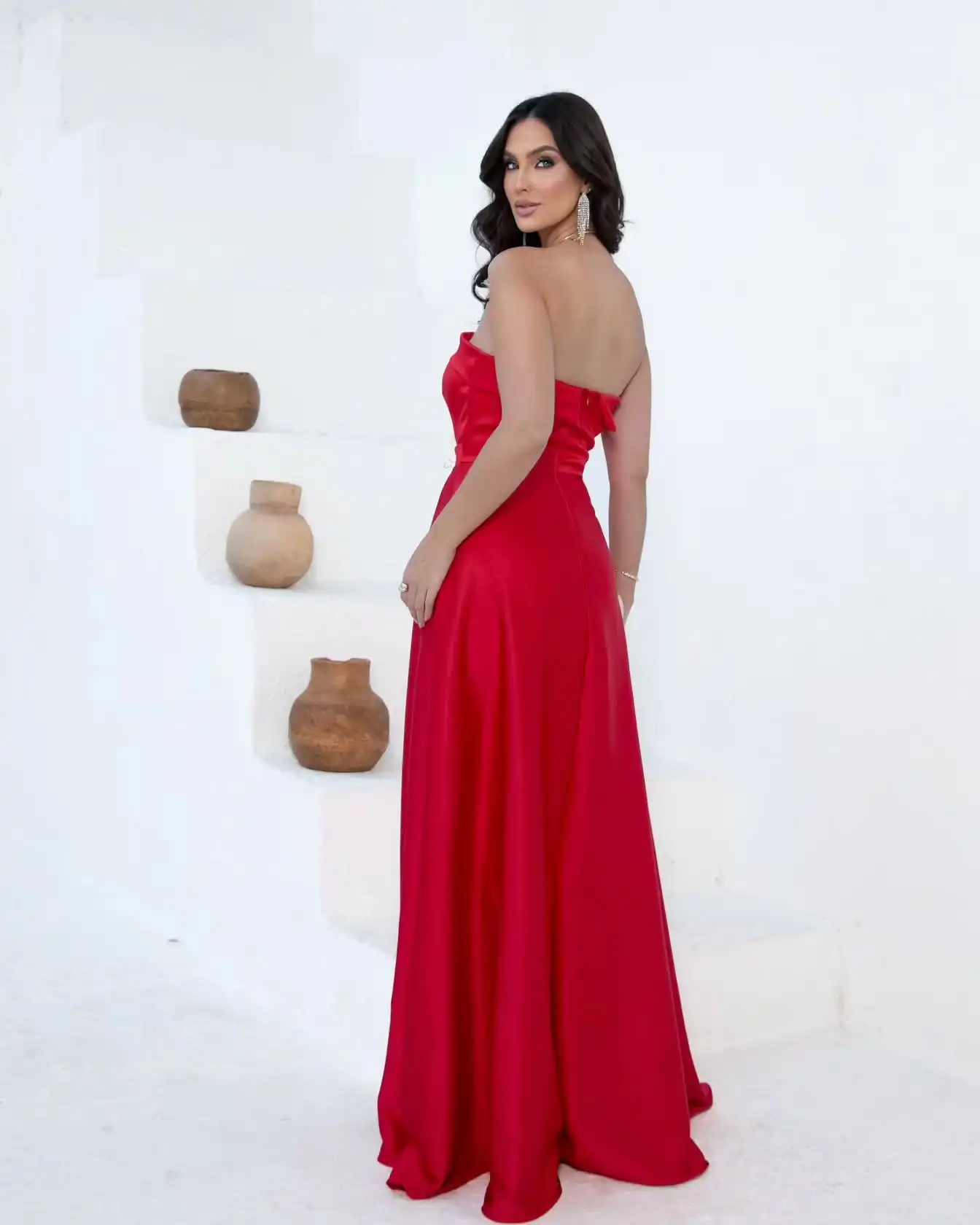 Customized Delicate Strapless Satin Front Slit Evening Dresses Graceful Pleats Zipper Back Red Vestido De Festa Vestido De Noche