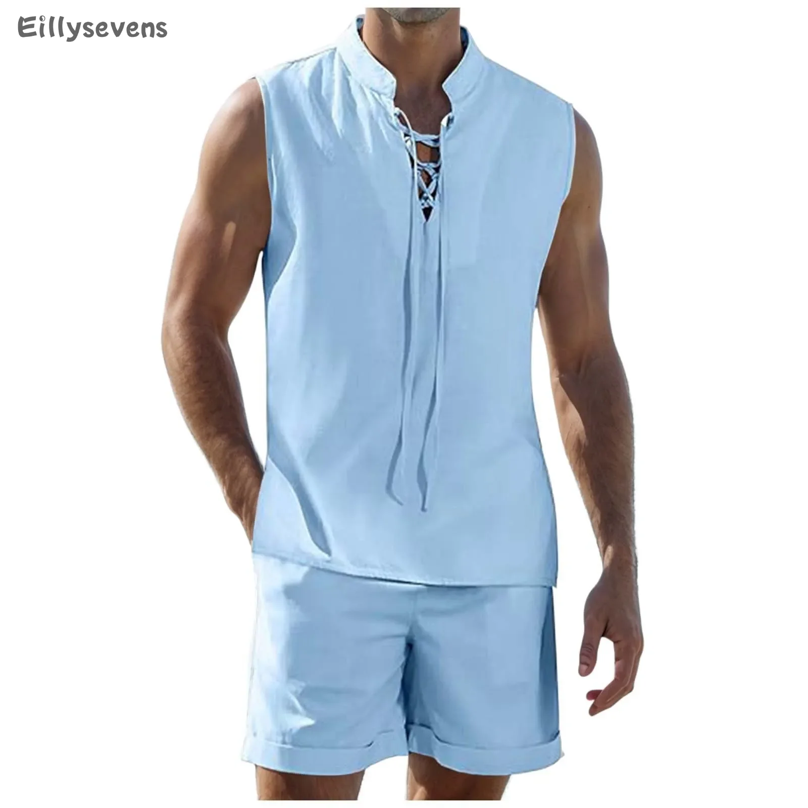 Men's Two-piece Sleeveless Drawstring Stand-up Collar Tops Shorts With Pockets Summer Casual Solid Color Suit conjunto hombre