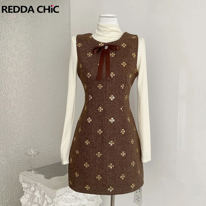 ReddaChic Bow Brooch Mini Dress & Top Set Turtleneck Long Sleeve T-shirt Sleeveless O-Neck Mini Dress Trendy Fall Women Clothes