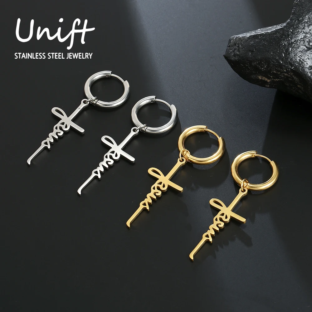 Unift Jesus Cross Hoop Earrings for Women Men Hip Hop Earring Stainless Steel Faith Religious Christian Protection Jewelry Gift