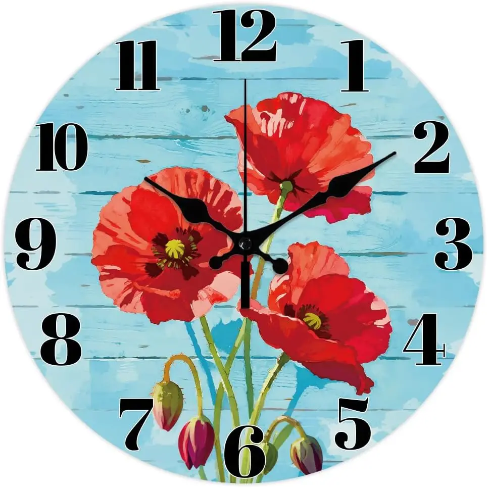 Flowers Papaver Rhoeas Pattern Wall Clock 10 Inch Non-Ticking Clocks Blue Grain Round Wall Hanging Clock Battery Operated