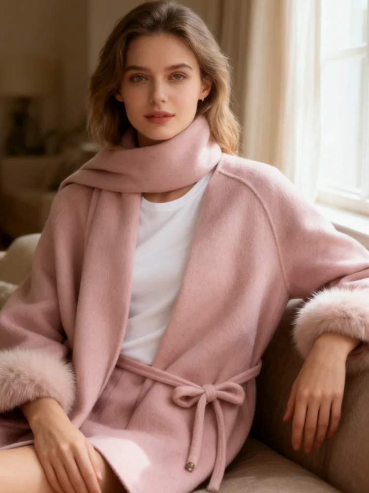 

Elegant Scarf Collar Women's Overcoat With Belt Lace Up Faux Fur Sleeve Solid Short Coats 2025 Autumn Fashion Pink Lady Outwear