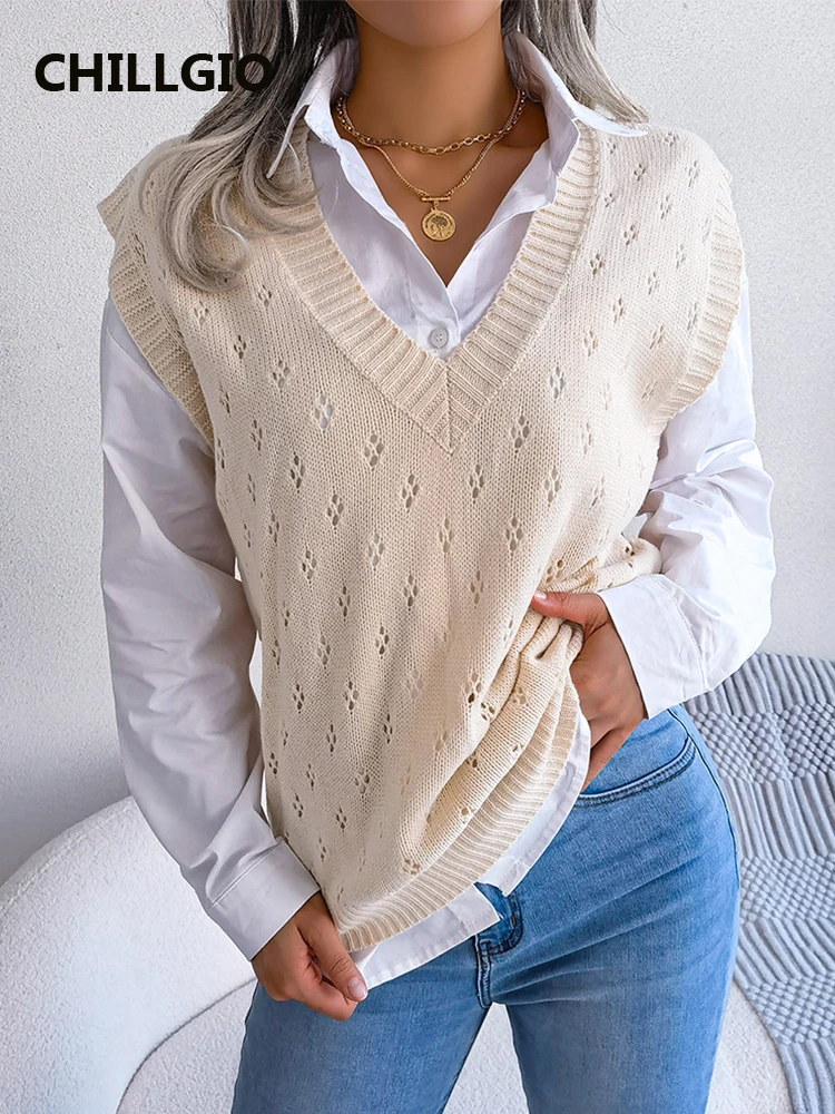 CHILLGIO Women Solid Knitted Sweater Vests Casual V Neck Elastic Knitwear Tops Fashion Autumn Winter Warm Sleeveless Pullovers