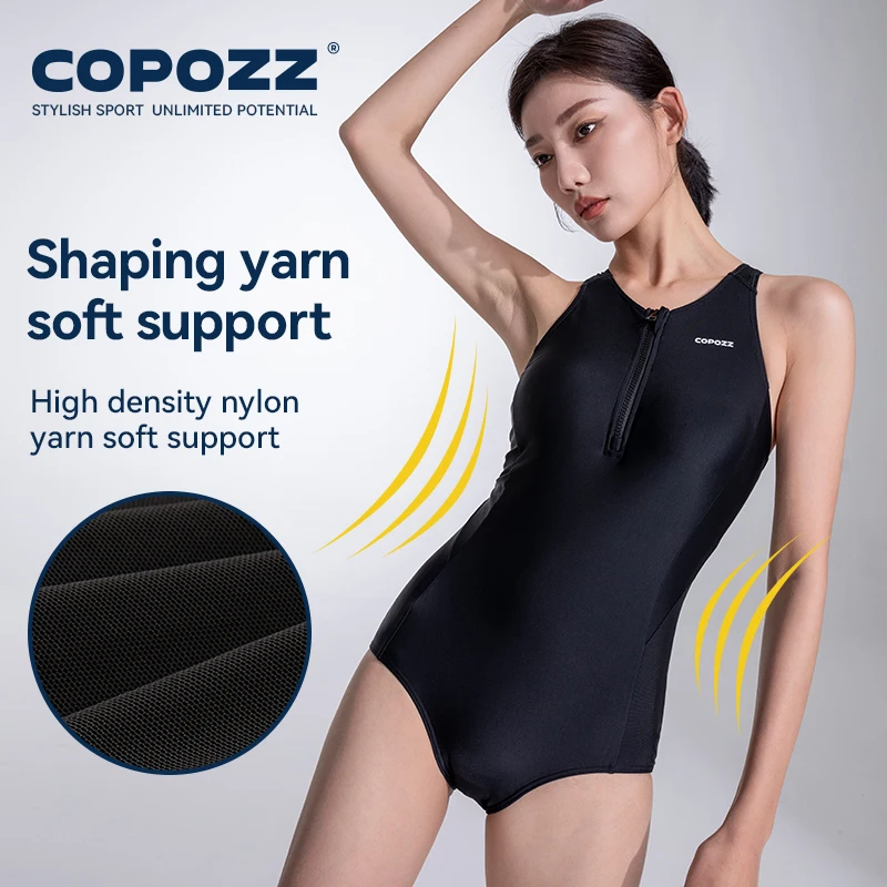 COPOZZ New Woman One-Piece Swimsuit Solid Black Beach Sleeveless V Collar Summer Female Hollow Out Swimming Sport Adult Suits