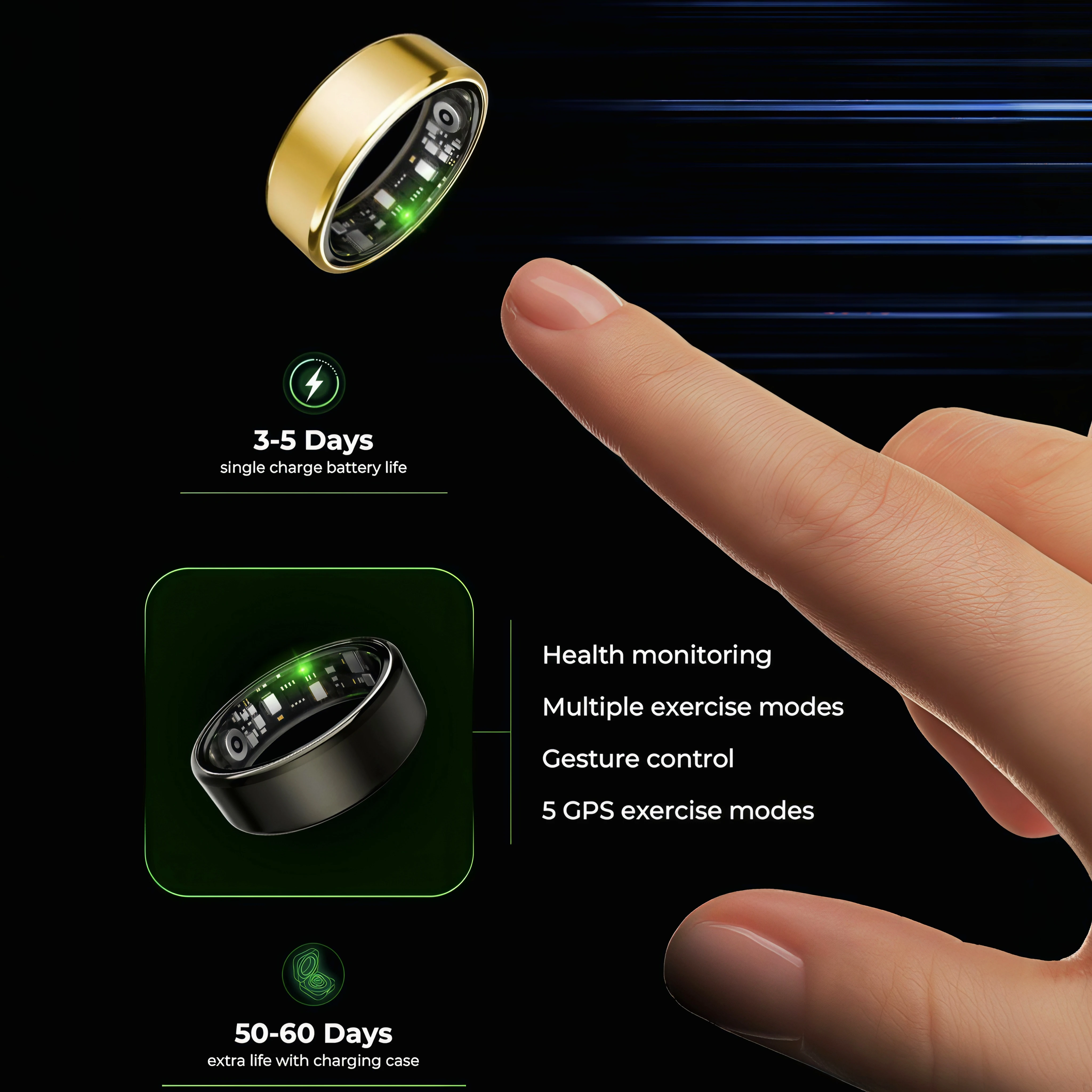 Smart Ring - جهاز تتبع الرياضة والنوم. يمكنه مراقبة الخطوات والمسافة والسعرات الحرارية، ويقدم أوضاع رياضية متعددة. مع تصميم عصري، إنه متوافق مع أجهزة iPhone وAndroid. #3