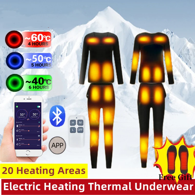 Winter Heating Underwear Suit USB Battery Powered Electric Heated Fleece Lined Ski Thermal Tops Pants Smart Control Temperature