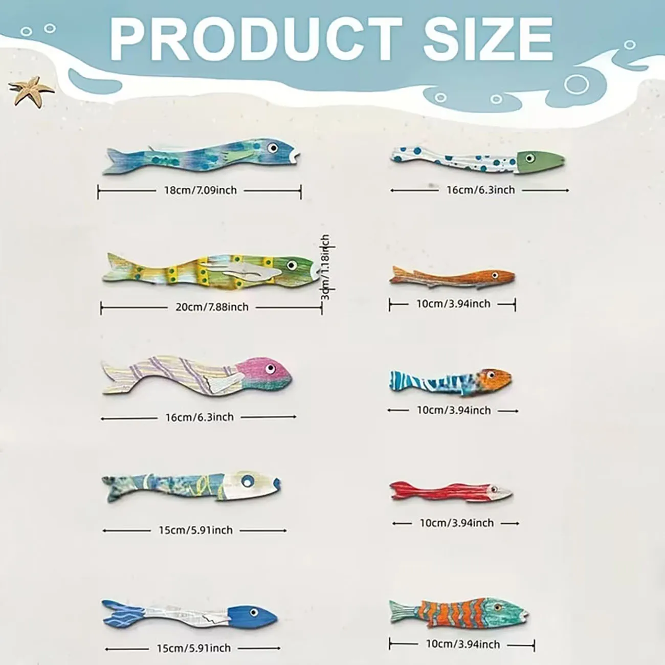 10Pcs Colorful Fish Wooden Wall Decor with Nano Tape, Coastal Wood Wall Art - view 5
