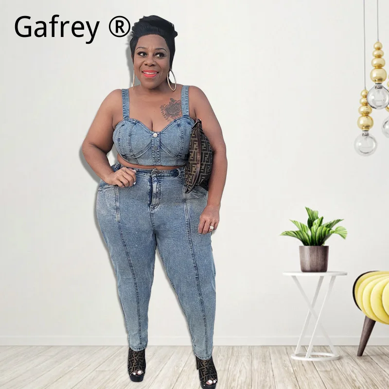 

Women's Sexy Denim 2 Piece Set, Plus Size Crop Top & Jeans, High Waist Ruched Drawstring Pants, Summer Streetwear Outfit