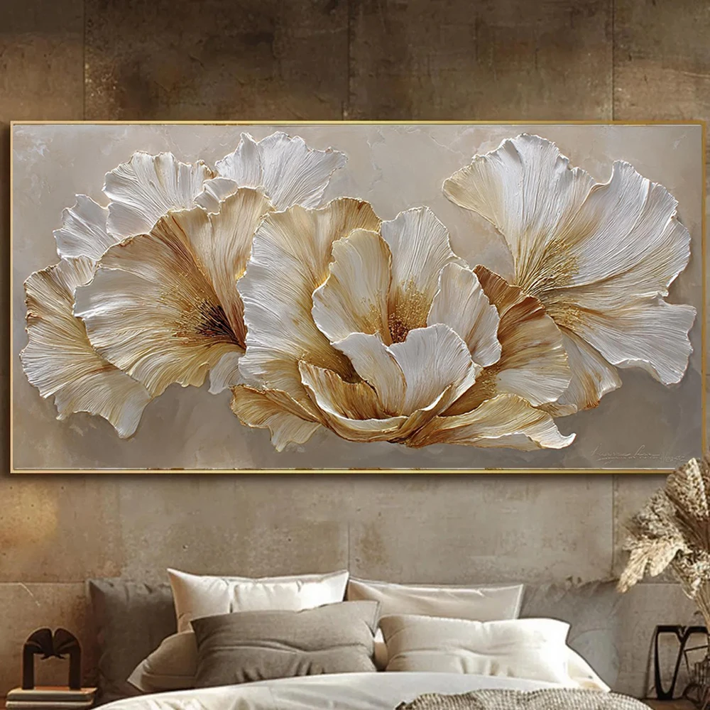 Floral Painting on Canvas 2D White Gold Flower Texture Wall Art Luxury Cream Bloom Art Living room Wall Decor, No Framed