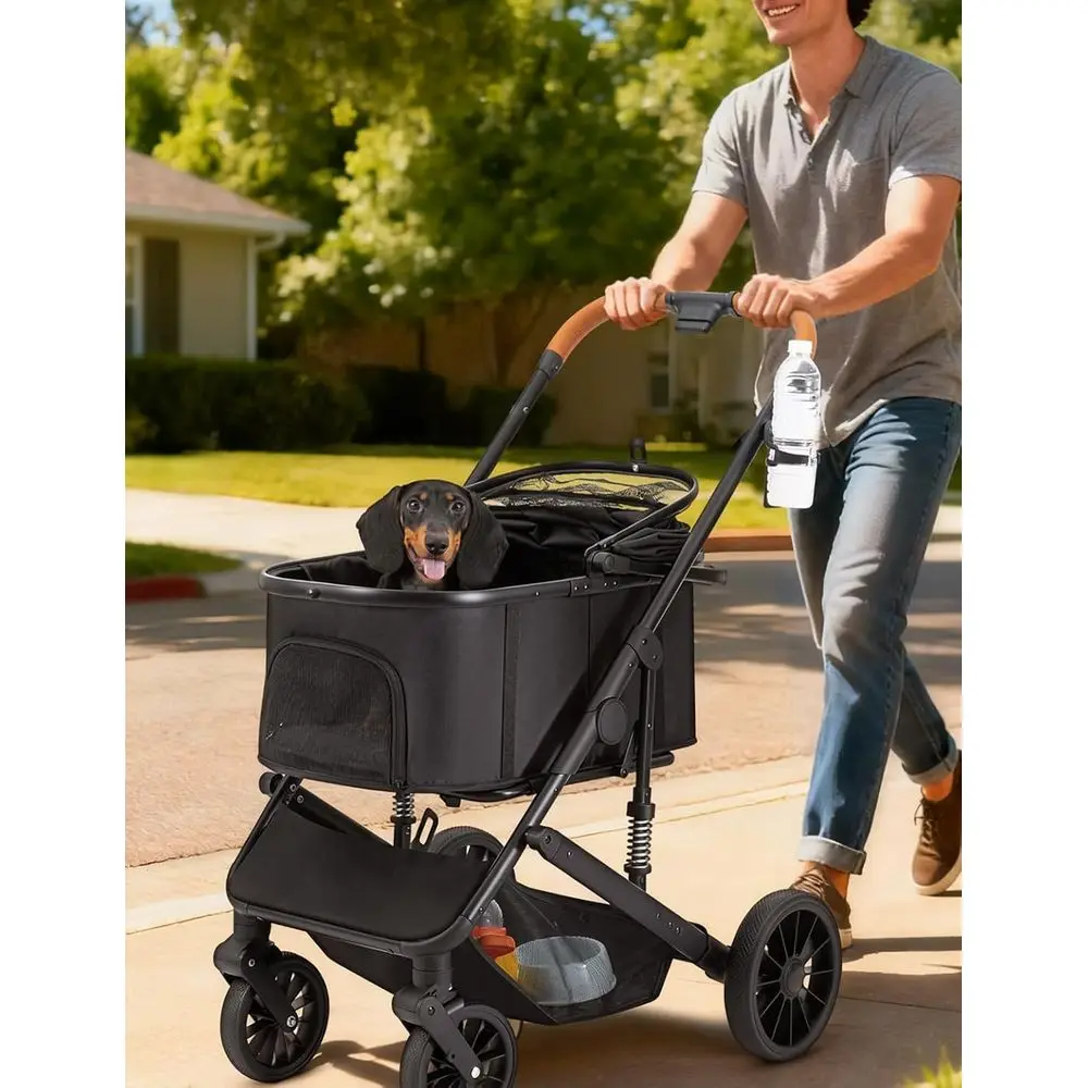 Carrinho dobrável para animais de estimação de 4 rodas para cães pequenos a médios de até 60 libras, transportador removível, adequado para 2 animais de estimação, cesta de armazenamento, brea