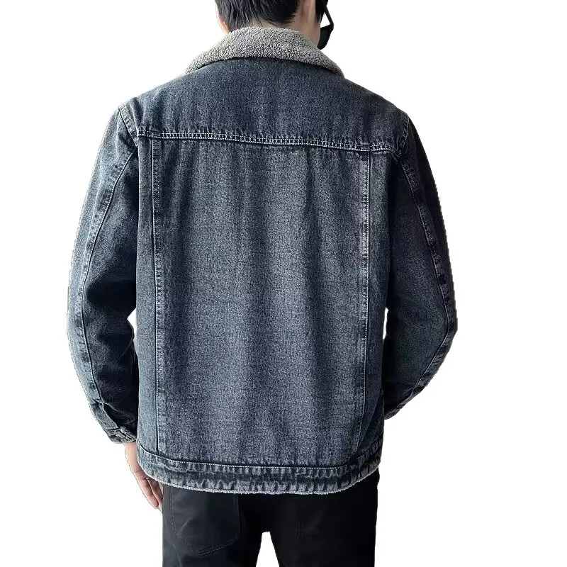 Men's Denim Jacket with Added Insulation and Thickening for Winter, Lamb Fur Lining, Durable Work Collar, Casual Jacket