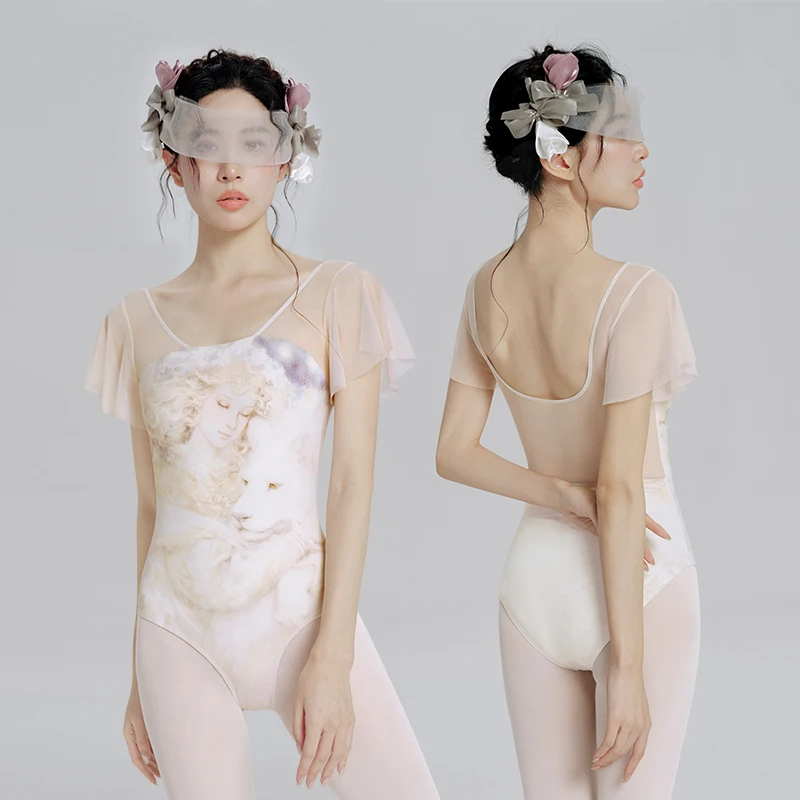 Women Ballet Leotards Printed Dance Leotard Adult Sleeveless Camisole Mesh Splicing Gymnastics Bodysuit