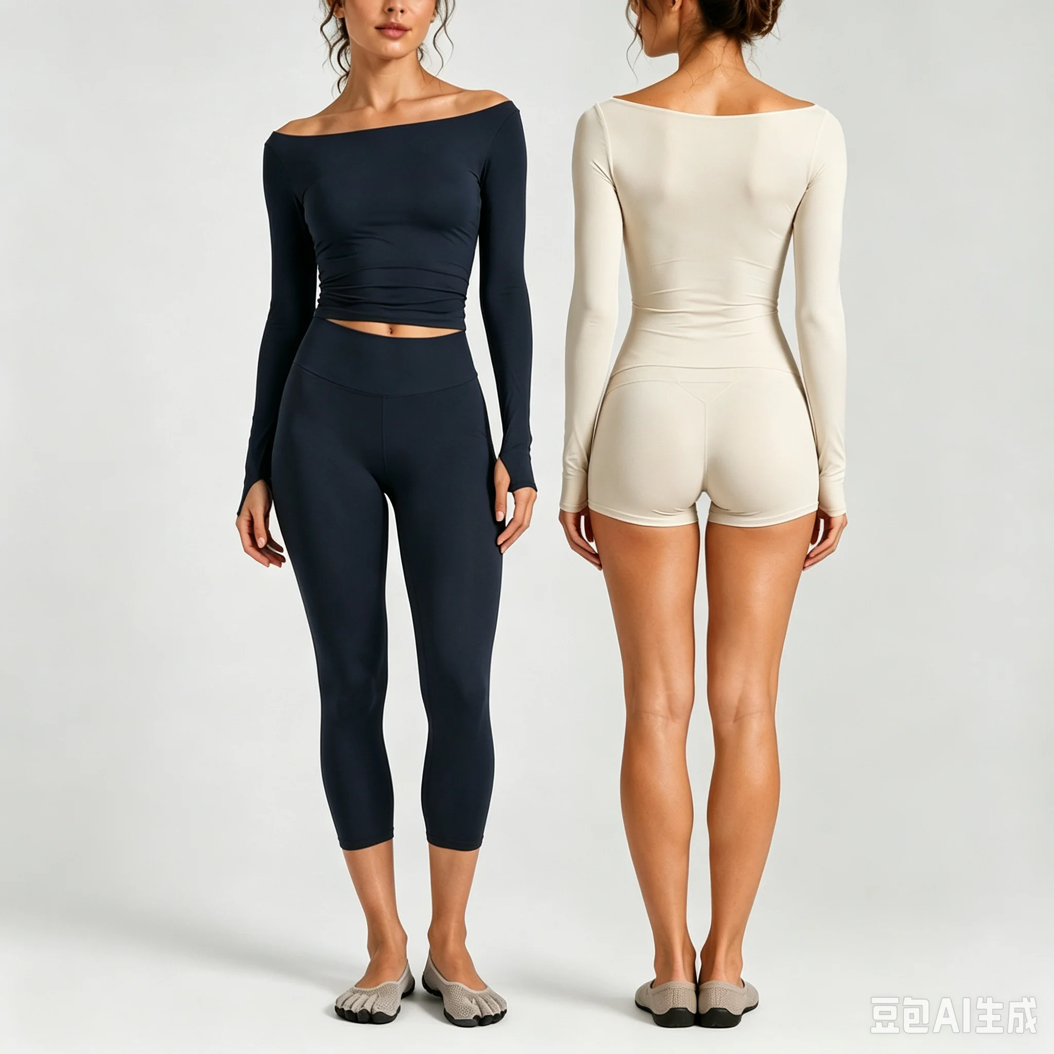 Women 2 Piece Yoga Set Off Shoulder Long Sleeve Crop Top High Waist Capri Yoga Leggings Gym Workout Athletic Outfit Tracksuit