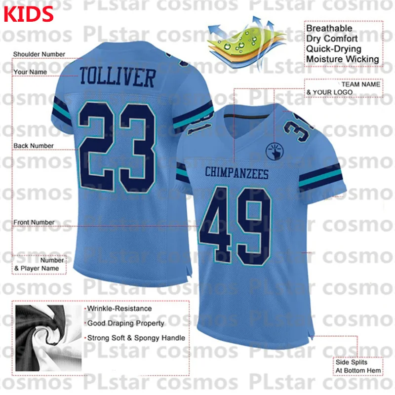 Custom Electric Blue Navy Gray-Teal Mesh Authentic Football Jersey 3D Printed Kids Football Jersey Boys Tops Girl Tees