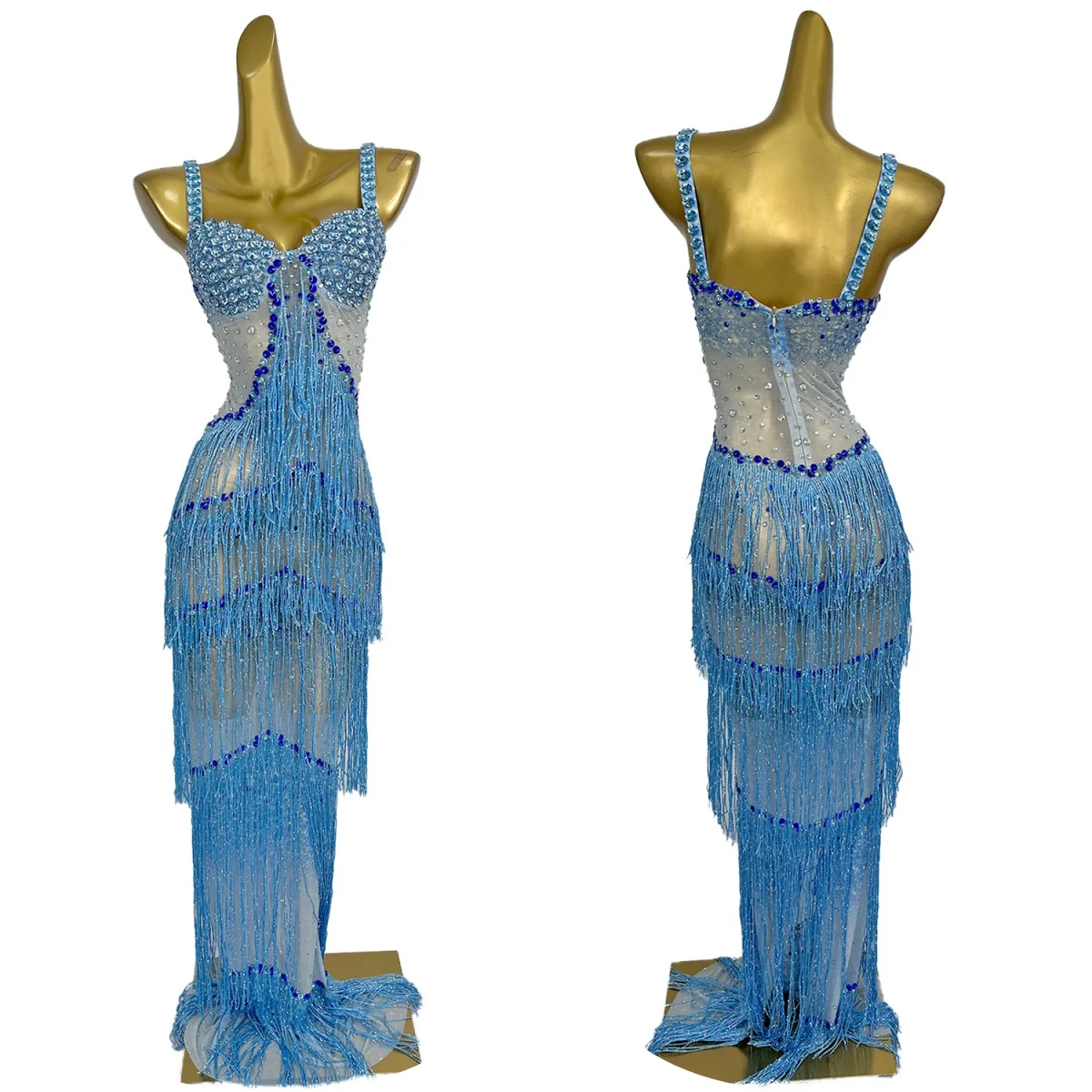 Vestido largo elegante de malla transparente con borlas en capas, vestido de noche azul brillante con diamantes de imitación, fiesta de celebración de cumpleaños, Lantian de alta costura Sexy