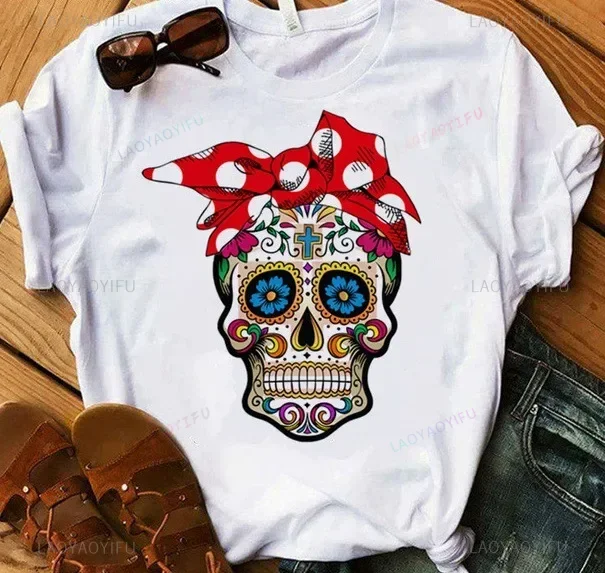 

With Scarf Colorful Skull Head Print T Shirt Women Short Sleeve O Neck Loose Tshirt Women Causal Tee Shirt Tops Camisetas Mujer